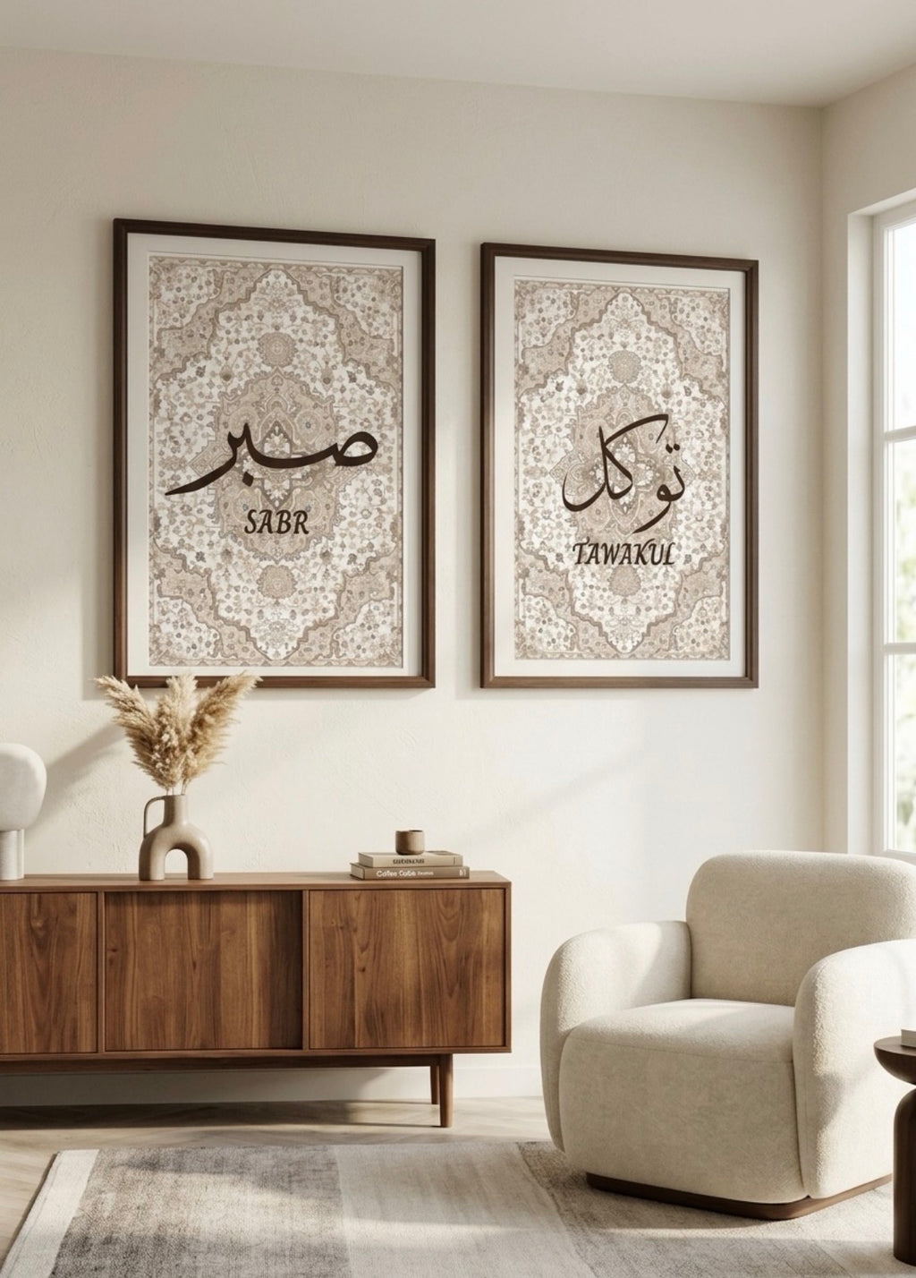 Duo de tableaux « Sabr & Tawakul » – Arabesques beige et taupe