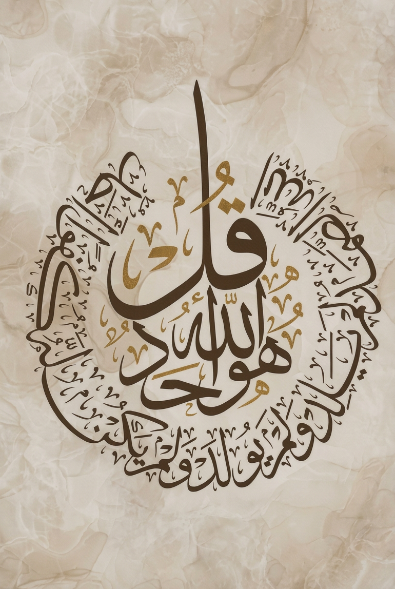 Tableau calligraphique « Sourate Al-Ikhlas » – Fond marbré beige et touches dorées